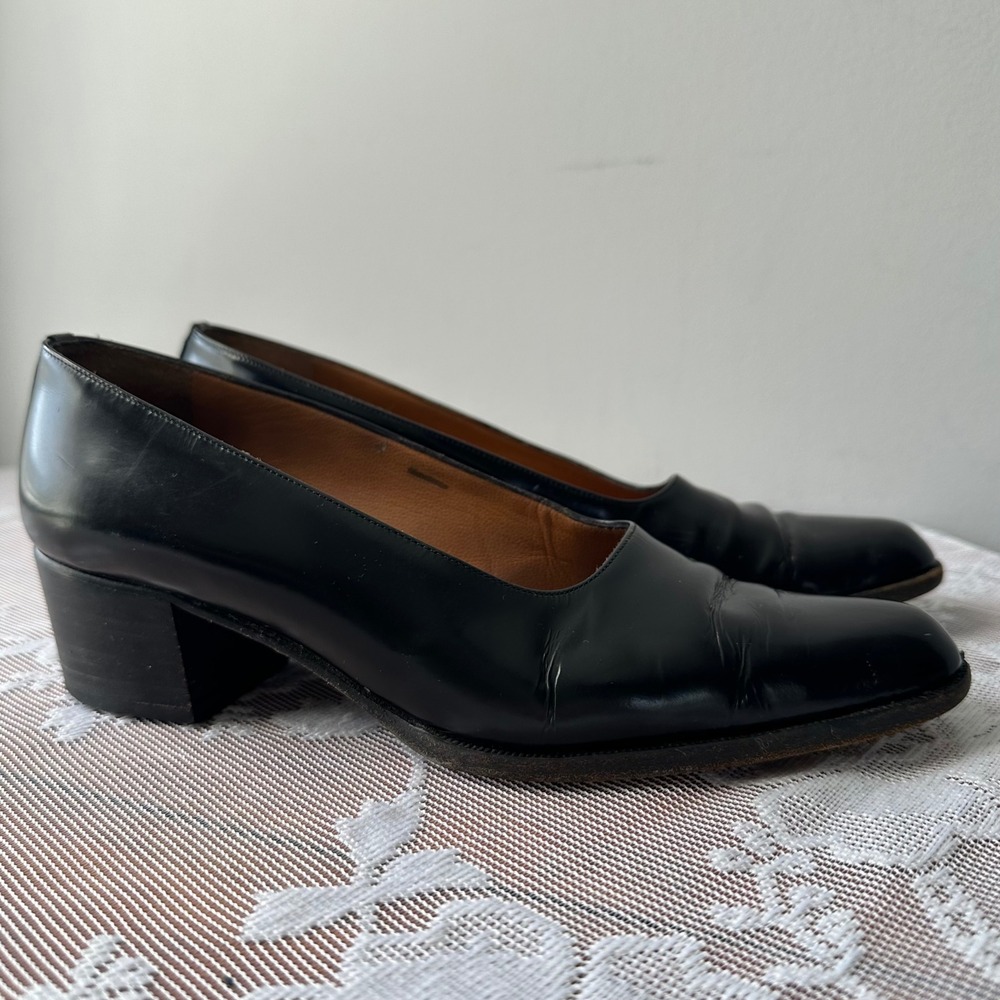 Vintage Ralph Lauren Pumps Womens‎ 6 Black Italian Leather Block Heel Almond Toe